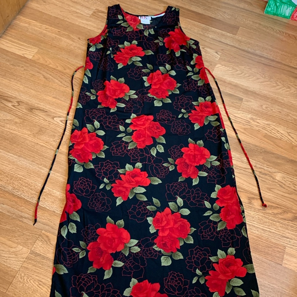 Vintage R&K Originals, sleeveless black/red green floral midi dress. Size 10.
